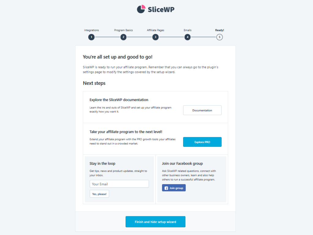 A p&aacute;gina de conclus&atilde;o do assistente de configura&ccedil;&atilde;o inicial do SliceWP