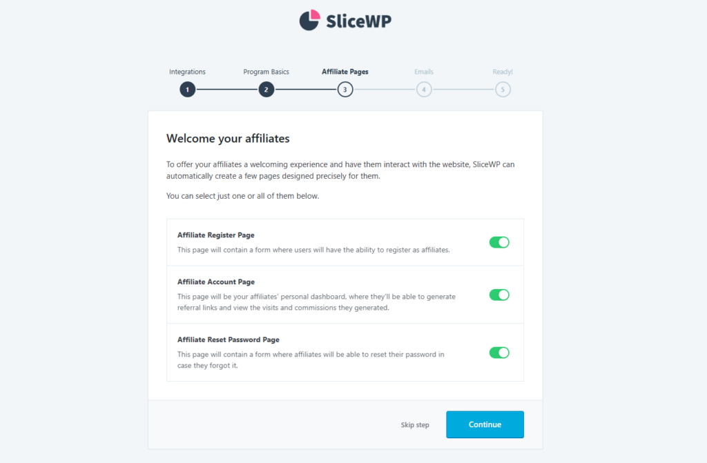 A p&aacute;gina de cria&ccedil;&atilde;o de p&aacute;ginas de afiliados no assistente de configura&ccedil;&atilde;o inicial do SliceWP