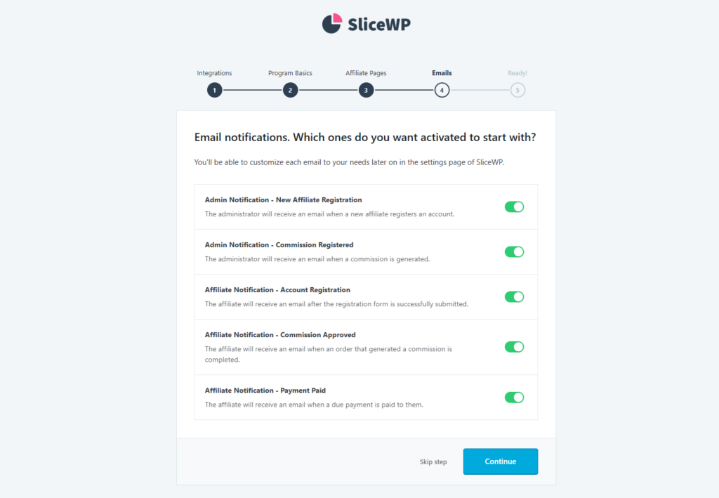 A p&aacute;gina de configura&ccedil;&otilde;es de notifica&ccedil;&otilde;es por e-mail no assistente de configura&ccedil;&atilde;o inicial do SliceWP