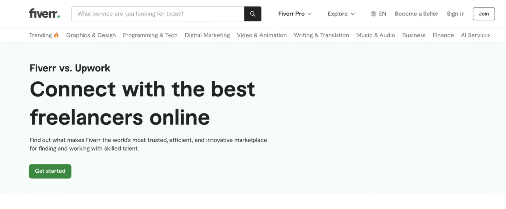 P&aacute;gina inicial do Fiverr promovendo servi&ccedil;os freelance online