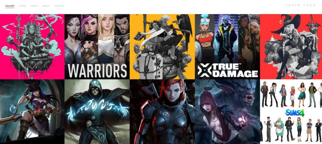 P&aacute;gina inicial do site Jason Chan Art apresentando um portf&oacute;lio criativo com um layout limpo.