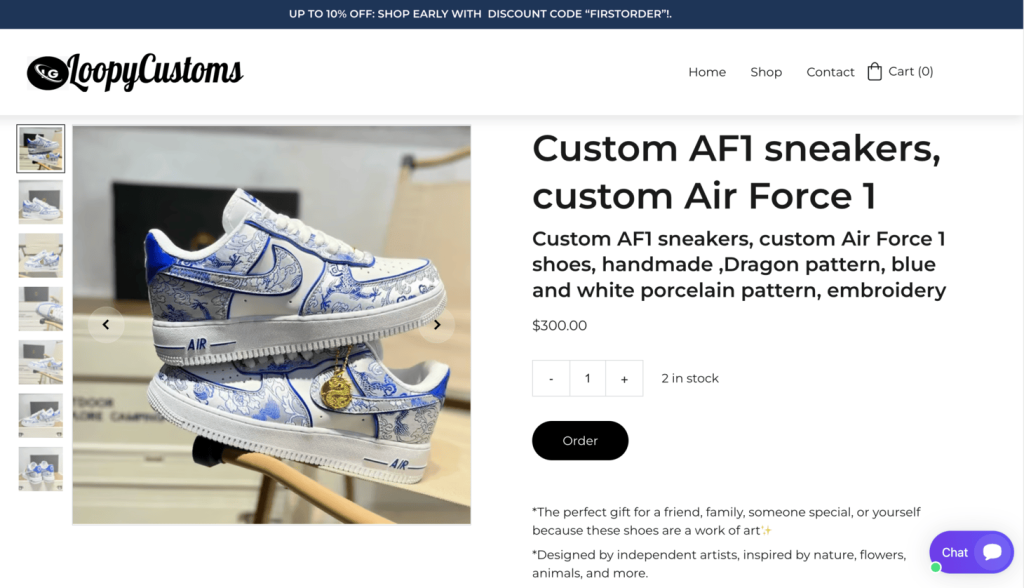 P&aacute;gina do produto da LoopyCustoms, mostrando t&ecirc;nis Air Force 1 personalizados.