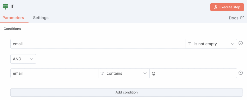 Validação de um endereço de e-mail pelo nó IF do n8n.