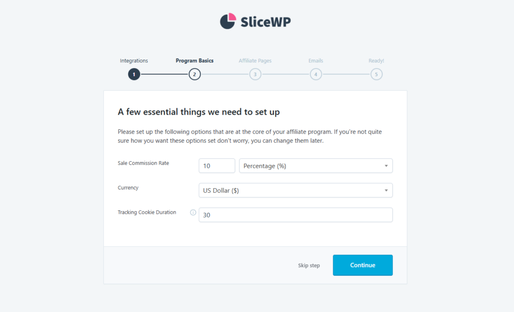 A p&aacute;gina de configura&ccedil;&atilde;o de comiss&atilde;o no assistente de configura&ccedil;&atilde;o inicial do SliceWP
