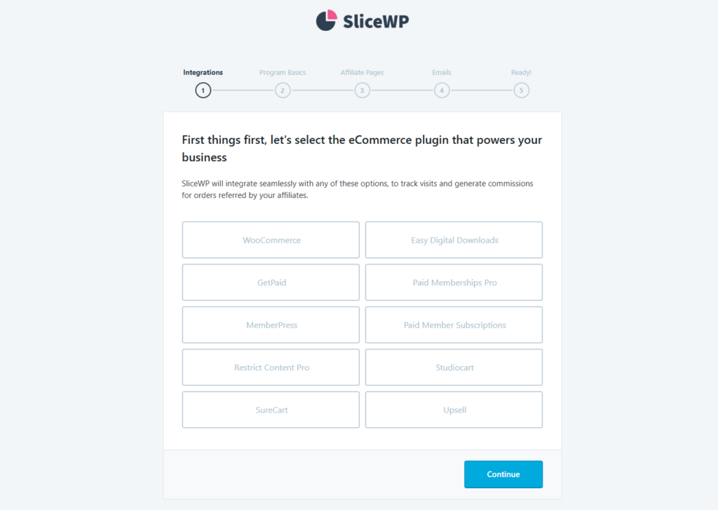 A p&aacute;gina de sele&ccedil;&atilde;o no assistente de configura&ccedil;&atilde;o inicial do SliceWP plugin sobre como criar links de afiliados