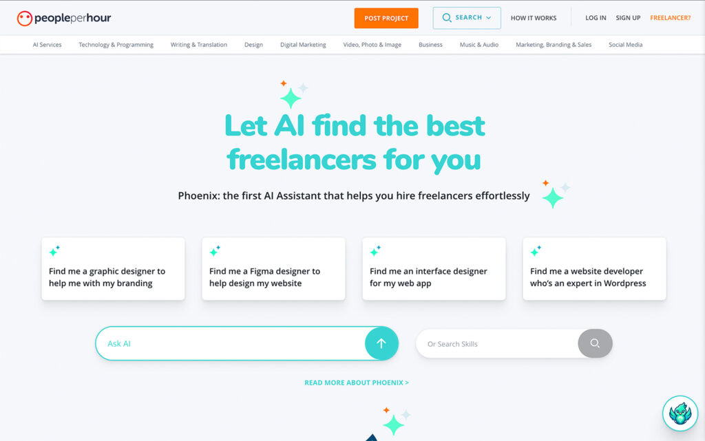 P&aacute;gina inicial do PeoplePerHour com op&ccedil;&otilde;es para encontrar servi&ccedil;os freelance em diversos setores.
