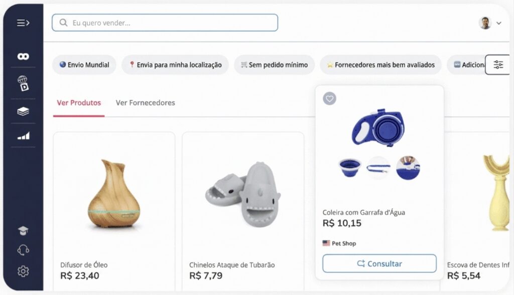 Painel de produtos e fornecedores no SaleHoo