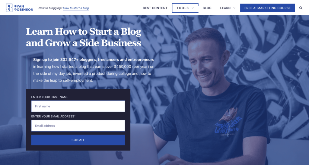 P&aacute;gina inicial do site afiliado de Ryan Robinson