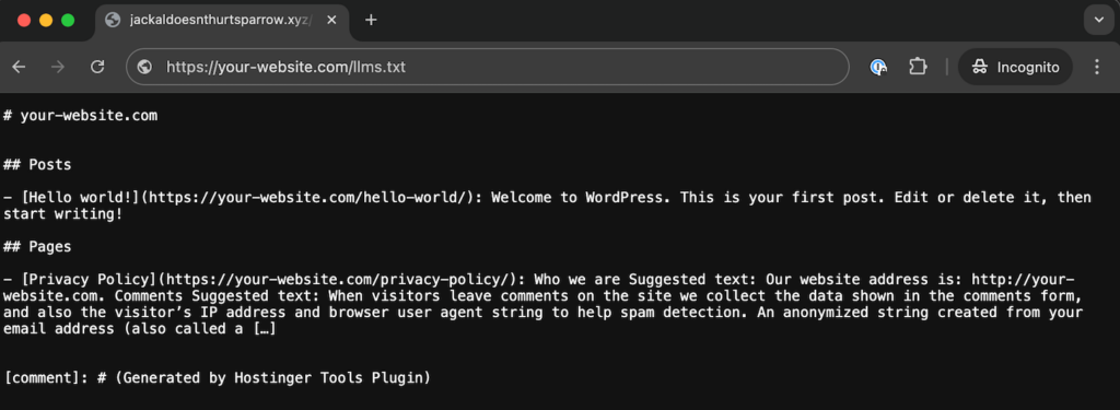 O arquivo llms.txt de um site acessado por meio de um navegador web
