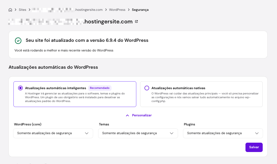 O recurso de atualiza&ccedil;&otilde;es autom&aacute;ticas do WordPress no hPanel da Hostinger