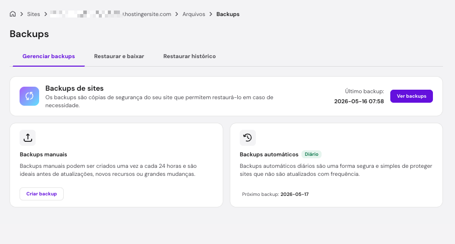 O recurso de gerenciamento de backups no hPanel da Hostinger