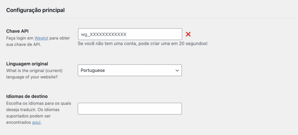 A p&aacute;gina de configura&ccedil;&atilde;o inicial do Weglot no painel do WordPress
