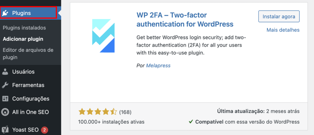 Seção de plugins do painel do WordPress mostrando a tela de instalação do plugin WP 2FA