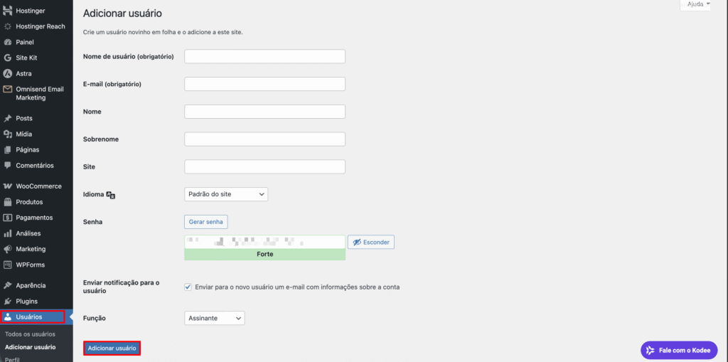 Painel do WordPress mostrando a tela de 'Adicionar Novo Usuário', onde o proprietário de um site pode inserir os dados do usuário e atribuir funções.