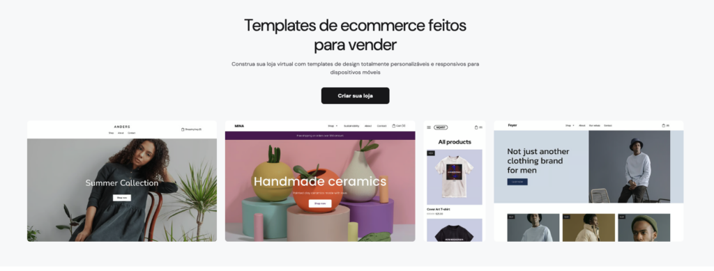 Criador de sites de e-commerce da Hostinger exibindo templates personaliz&aacute;veis para diferentes lojas virtuais