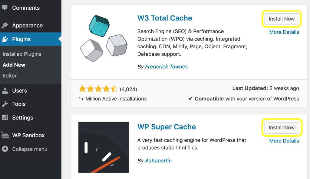 A exibição da página Adicionar novos plugins do WordPress
