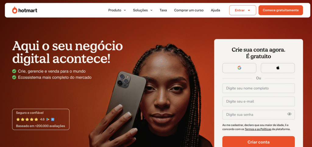 P&aacute;gina inicial da hotmart com produtos digitais