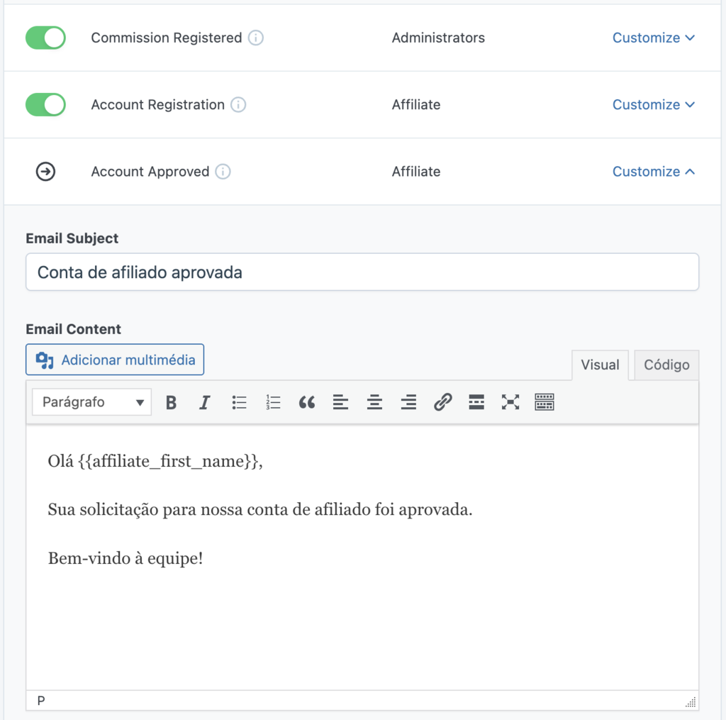 A se&ccedil;&atilde;o de personaliza&ccedil;&atilde;o da mensagem de notifica&ccedil;&atilde;o por e-mail nas Configura&ccedil;&otilde;es do SliceWP