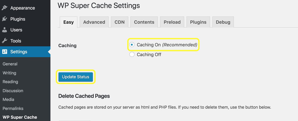 Página de configurações do WP Super Cache