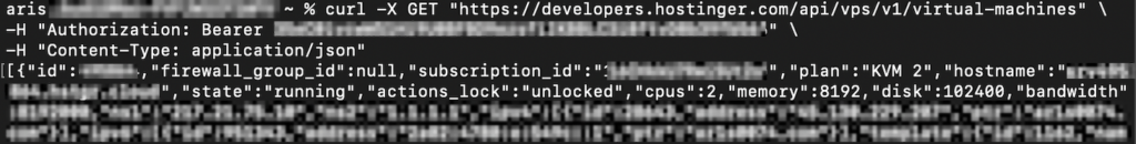 A saída da chamada de API com o comando cURL