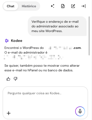 Kodee verifica o endereço de e-mail do administrador de um site WordPress