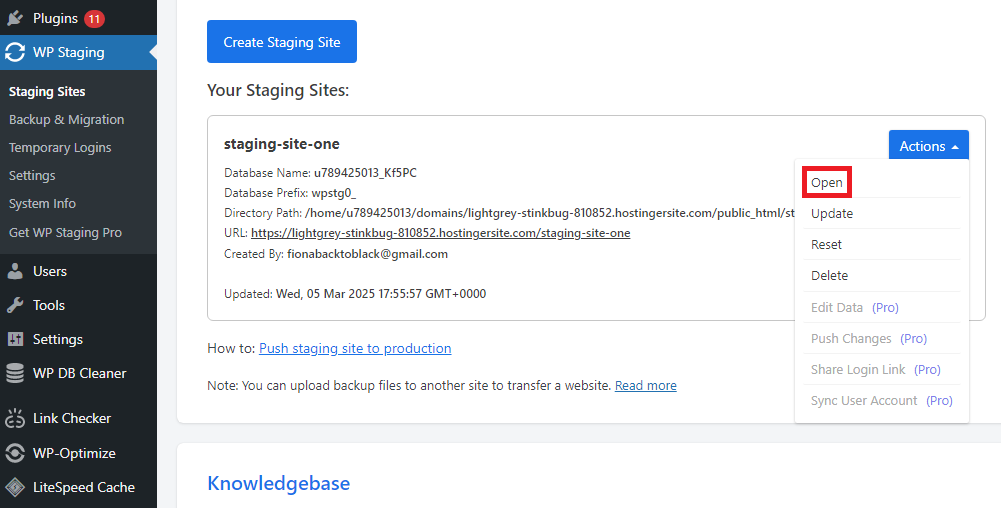Visão do painel mostrando um site de teste do WordPress com opções para abrir, atualizar, redefinir e excluir o site.