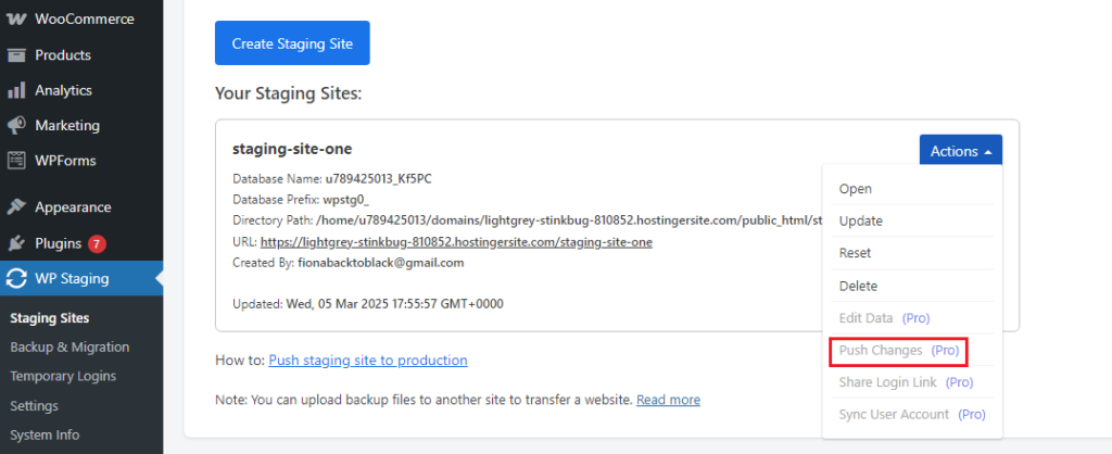 Interface do plugin WP Staging exibindo os detalhes do site de teste e as opções para gerenciar e publicar as alterações.