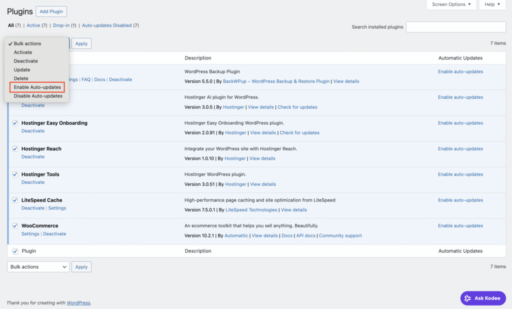 Como automatizar o WordPress: menu de a&ccedil;&atilde;o em massa Ativar atualiza&ccedil;&otilde;es autom&aacute;ticas na lista de plugins instalados do WordPress
