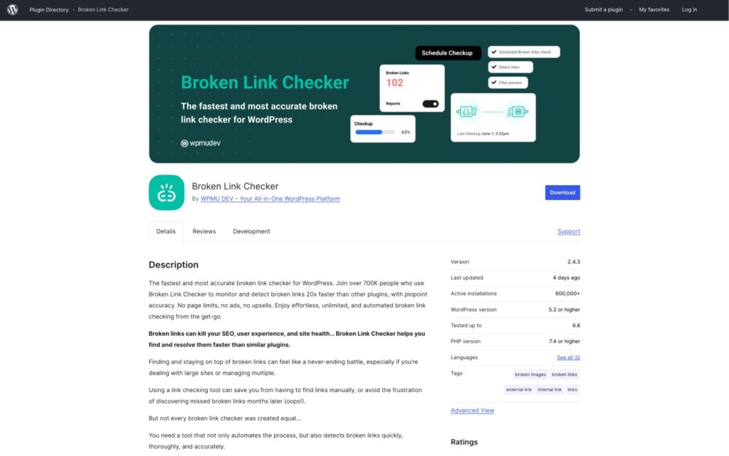 P&aacute;gina do plugin Broken Link Checker no WordPress, destacando recursos, avalia&ccedil;&otilde;es dos usu&aacute;rios e estat&iacute;sticas de instala&ccedil;&atilde;o