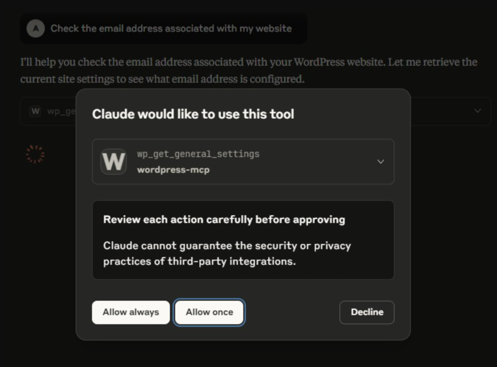 Claude pede permissão para modificar um site em WordPress