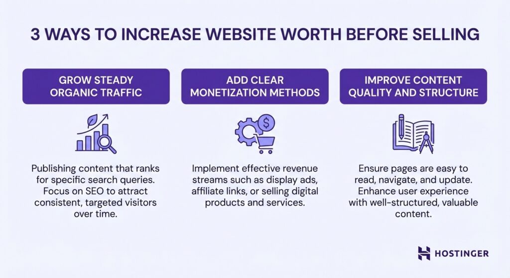Infográfico intitulado “3 maneiras de aumentar o valor de um site antes de vendê-lo”, detalhando estratégias de crescimento de tráfego, monetização e melhoria de conteúdo que ajudam a criar formas criativas de ganhar dinheiro