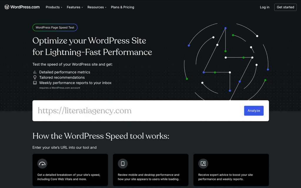 P&aacute;gina de ferramenta de teste de velocidade do WordPress com uma caixa de entrada de URL e etapas explicando como a ferramenta funciona