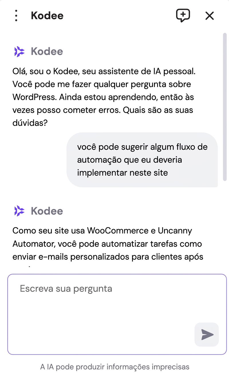Uma janela de chat com a Kodee, a Assistente de IA da Hostinger