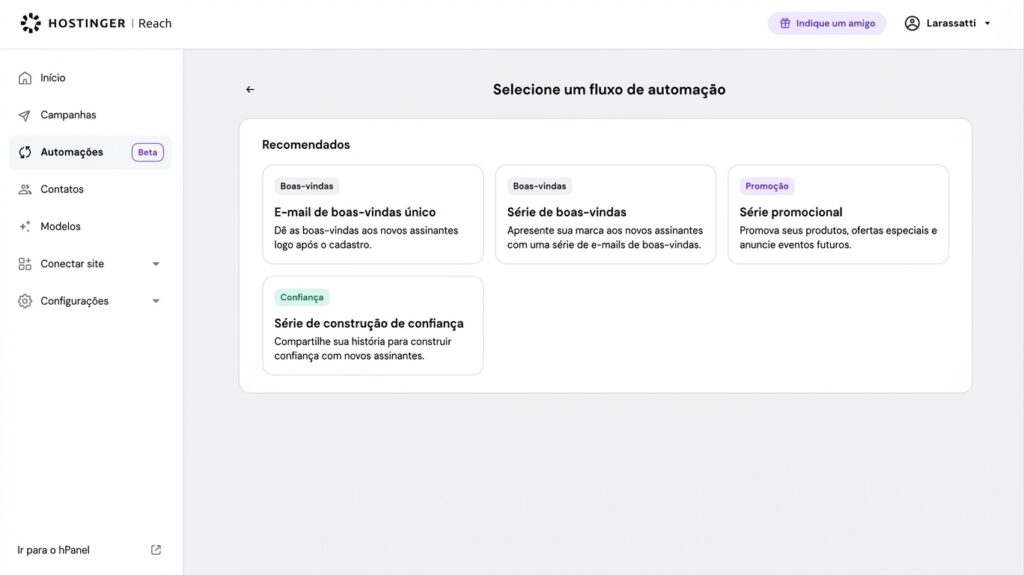 O painel do Hostinger Reach mostrando o menu Automa&ccedil;&otilde;es