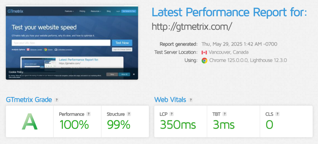 Benchmark de desempenho de sites do GTmetrix
