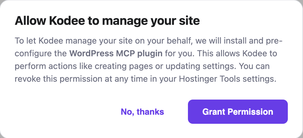 Kodee pede permissão para gerenciar o WordPress