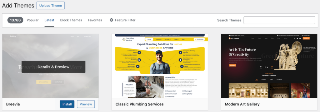 O menu Adicionar temas no painel administrativo do WordPress
