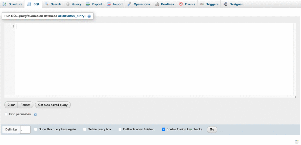 A aba SQL no phpMyAdmin