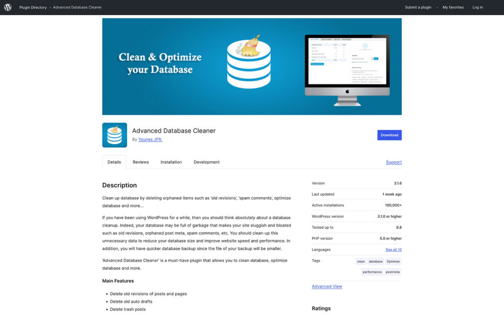 P&aacute;gina do plugin Advanced Database Cleaner para WordPress, destacando seus recursos para otimiza&ccedil;&atilde;o e limpeza de bancos de dados
