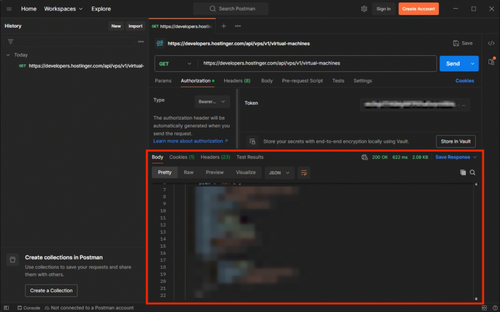 A resposta de uma chamada de API no painel do cliente Postman