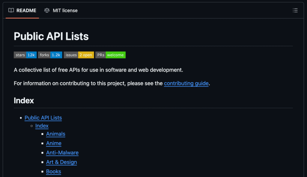 O repositório GitHub Public API Lists