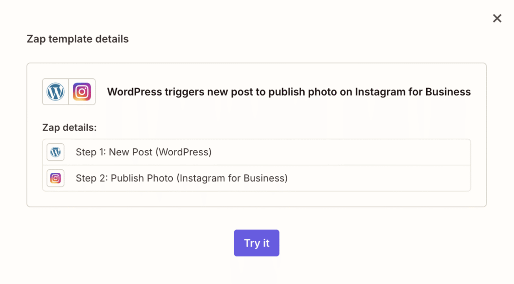 Modelo de automa&ccedil;&atilde;o do Zapier que publica um novo post no Instagram depois que um post no WordPress &eacute; publicado