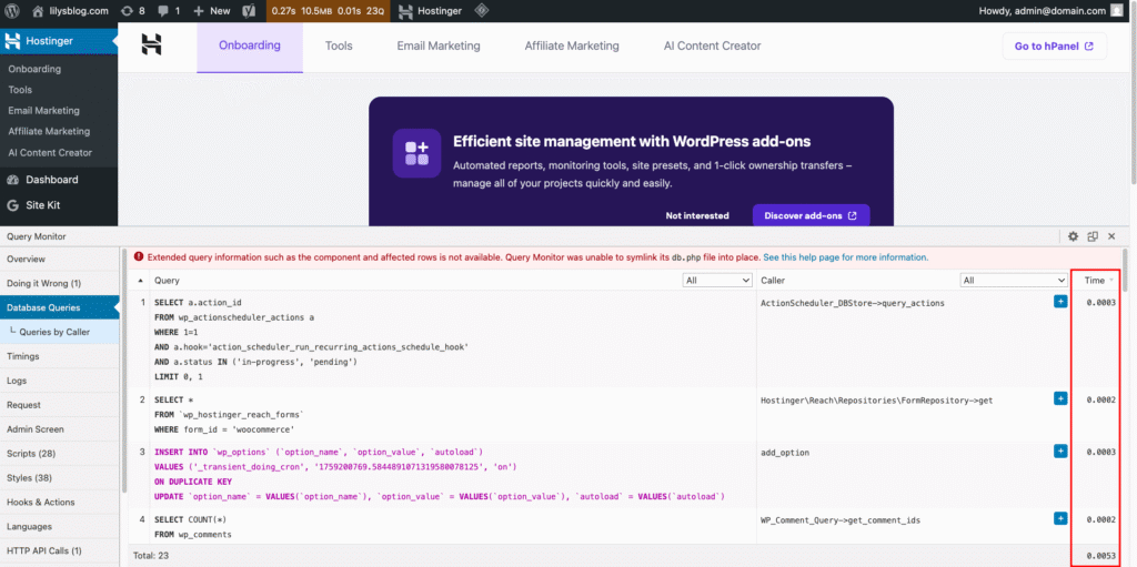 Janela pop-up do Query Monitor no WordPress exibindo informações de desempenho, com destaque para o tempo de execução de cada consulta ao banco de dados