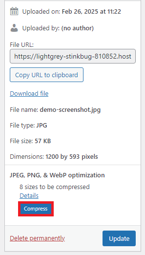 Uma interface de gerenciamento de arquivos mostrando opções para compactar uma imagem JPG, incluindo detalhes do arquivo e o botão de atualização.
