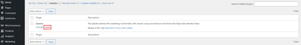 o plugin do WordPress com opções para ativar ou excluir um plugin, com a opção Excluir destacada em um retângulo vermelho