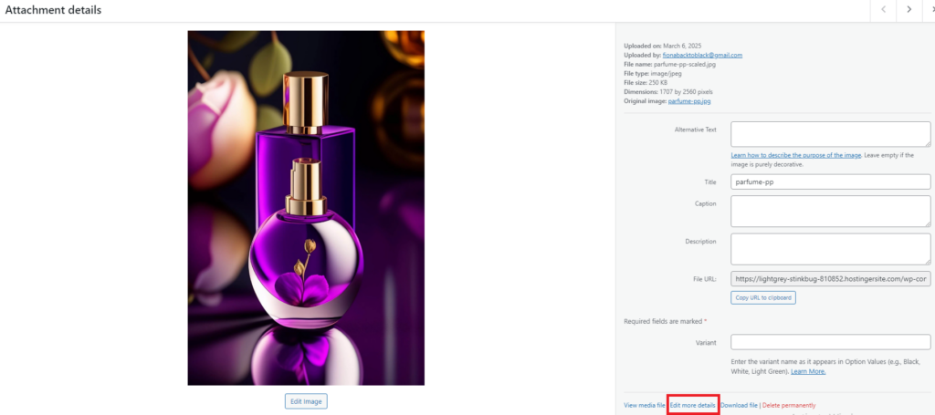 Editor de mídia do WP exibindo um luxuoso frasco de perfume roxo e um pote redondo de perfume, com a opção de editar mais detalhes destacada em um retângulo vermelho