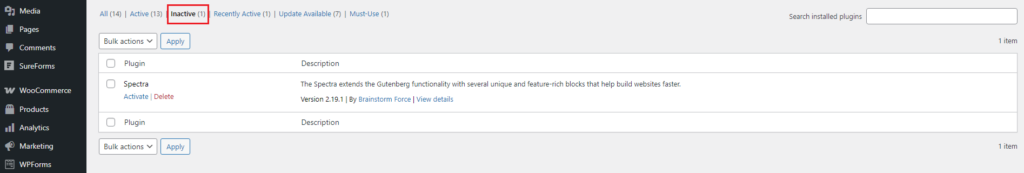 A página de plugins do WordPress destacando um plugin inativo, “Spectra”, com opções para ativar ou excluir.