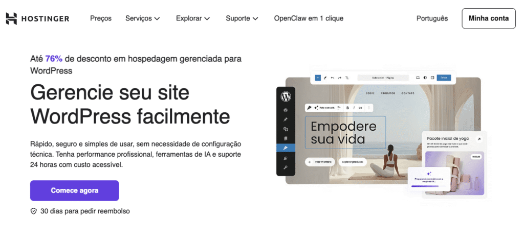 P&aacute;gina da Hostinger anunciando hospedagem WordPress gerenciada, mostrando uma interface de painel, detalhes de pre&ccedil;os e uma pontua&ccedil;&atilde;o de desempenho para dispositivos desktop