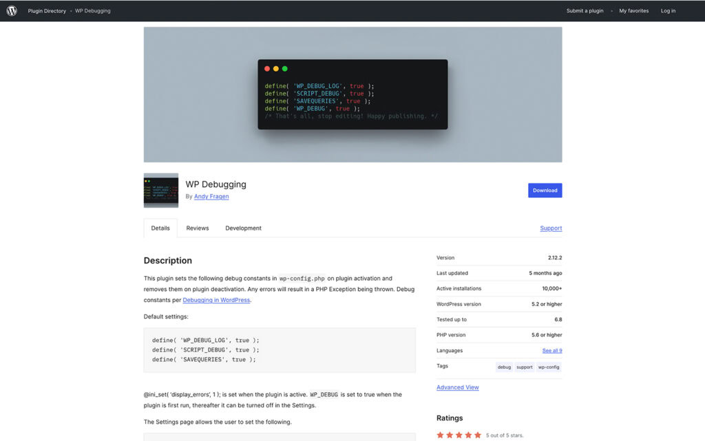 P&aacute;gina do plugin WP Debugging, apresentando trechos de c&oacute;digo e detalhes do plugin para rastreamento de erros