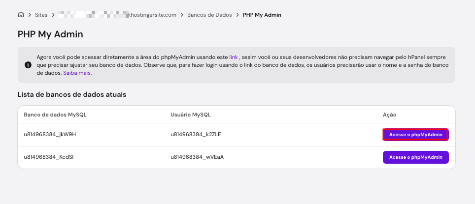 Seção do phpMyAdmin no hPanel da Hostinger, destacando o botão para acessar um banco de dados MySQL